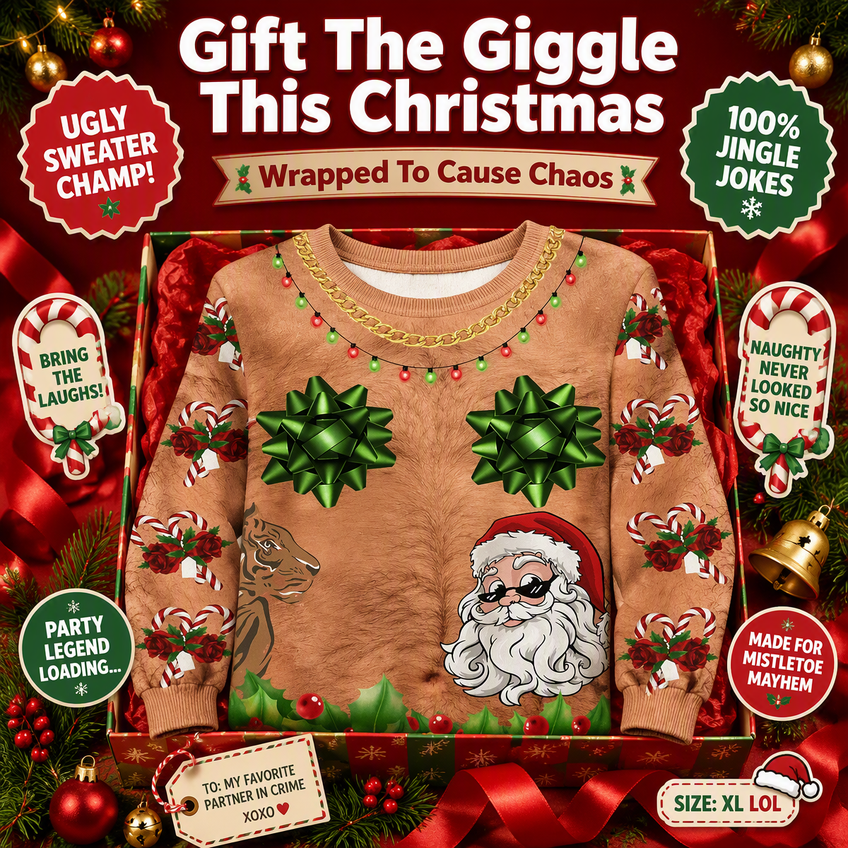 Funny Hairy Chest Bow Bows Ugly Christmas Sweater – 3D Printed Candy Cane & Santa Tattoo Graphic Sweatshirt, Novelty Holiday Gag Gift Top - auphotoblanket