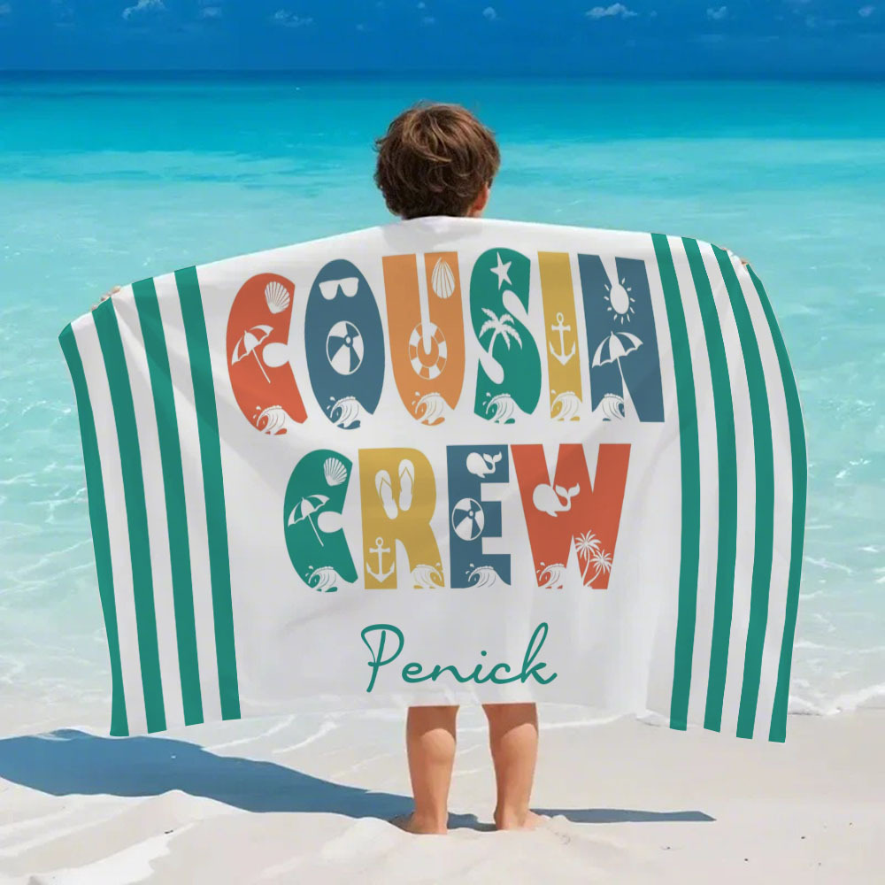 Personalized Cousin Crew Beach Towel, Custom Name Pool Bath Towel, Cousin Vacation Trip Gift - auphotoblanket