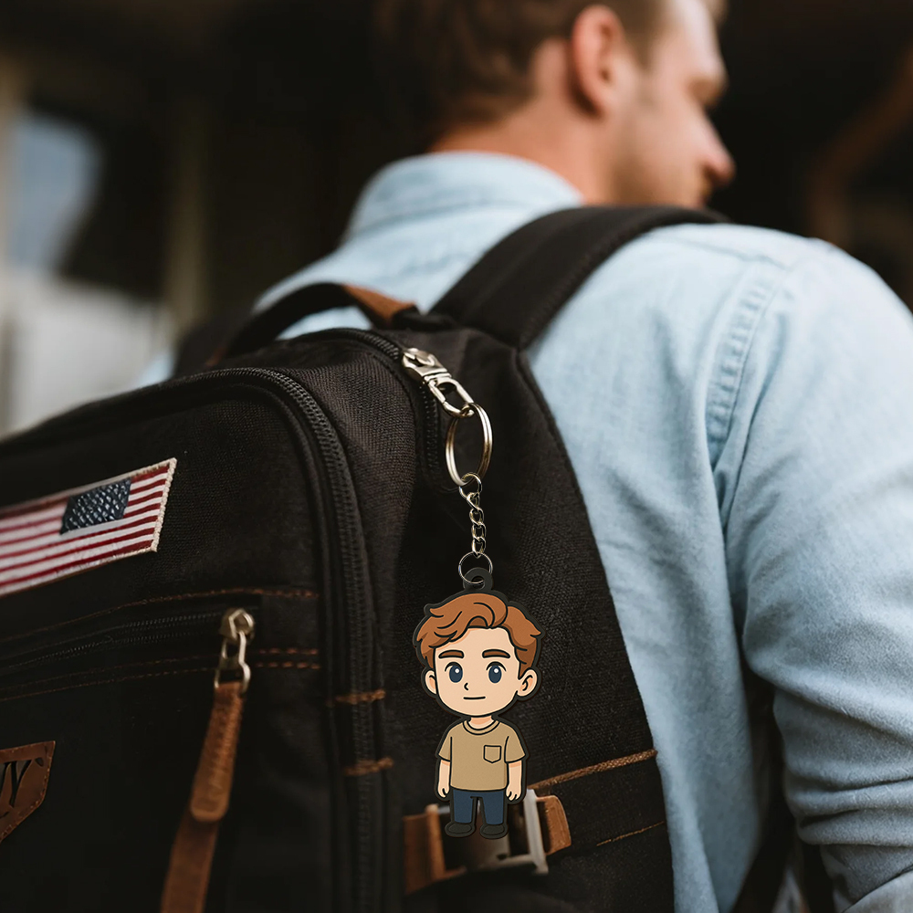 Custom Cartoon Keychain Photo Bag Charm Personalized from Your Photo Unique Keepsake Gift for Him - auphotoblanket