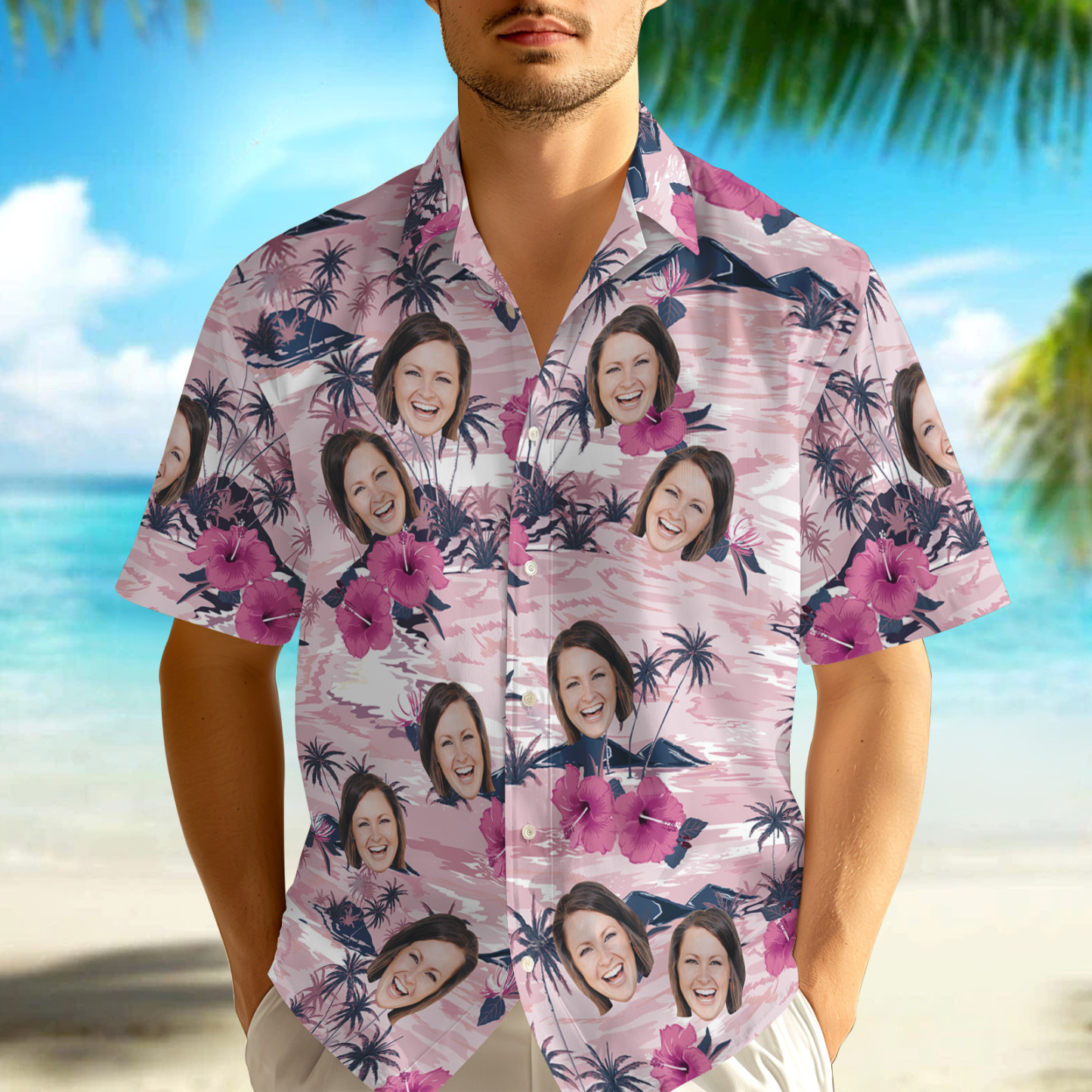 Custom Face Pink Flower Hawaiian Shirt Personalized Pink Flamingo Pattern Hawaiian Shirt Gift For Him - auphotoblanket