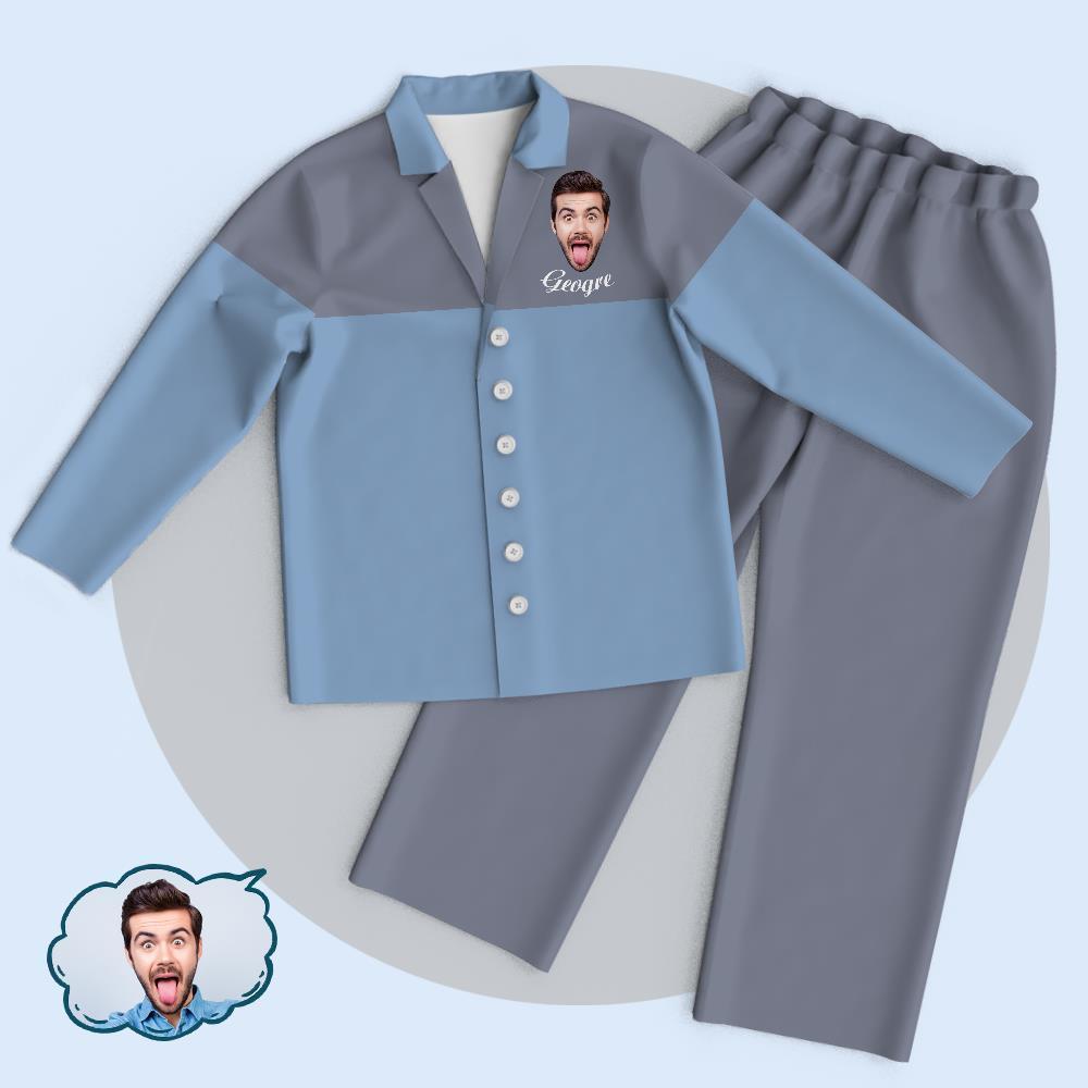 Custom Blue-Grey Colorblock Unisex Cardigan Pajama Tops Add Your Photo And Name - auphotoblanket