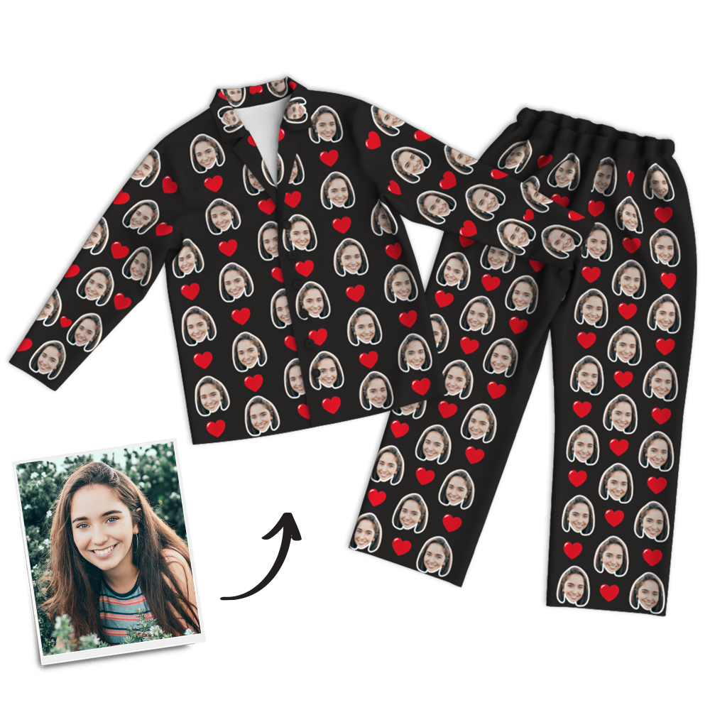 Custom Photo Long Sleeve Pajamas, Sleepwear, Nightwear - Heart - auphotoblanket
