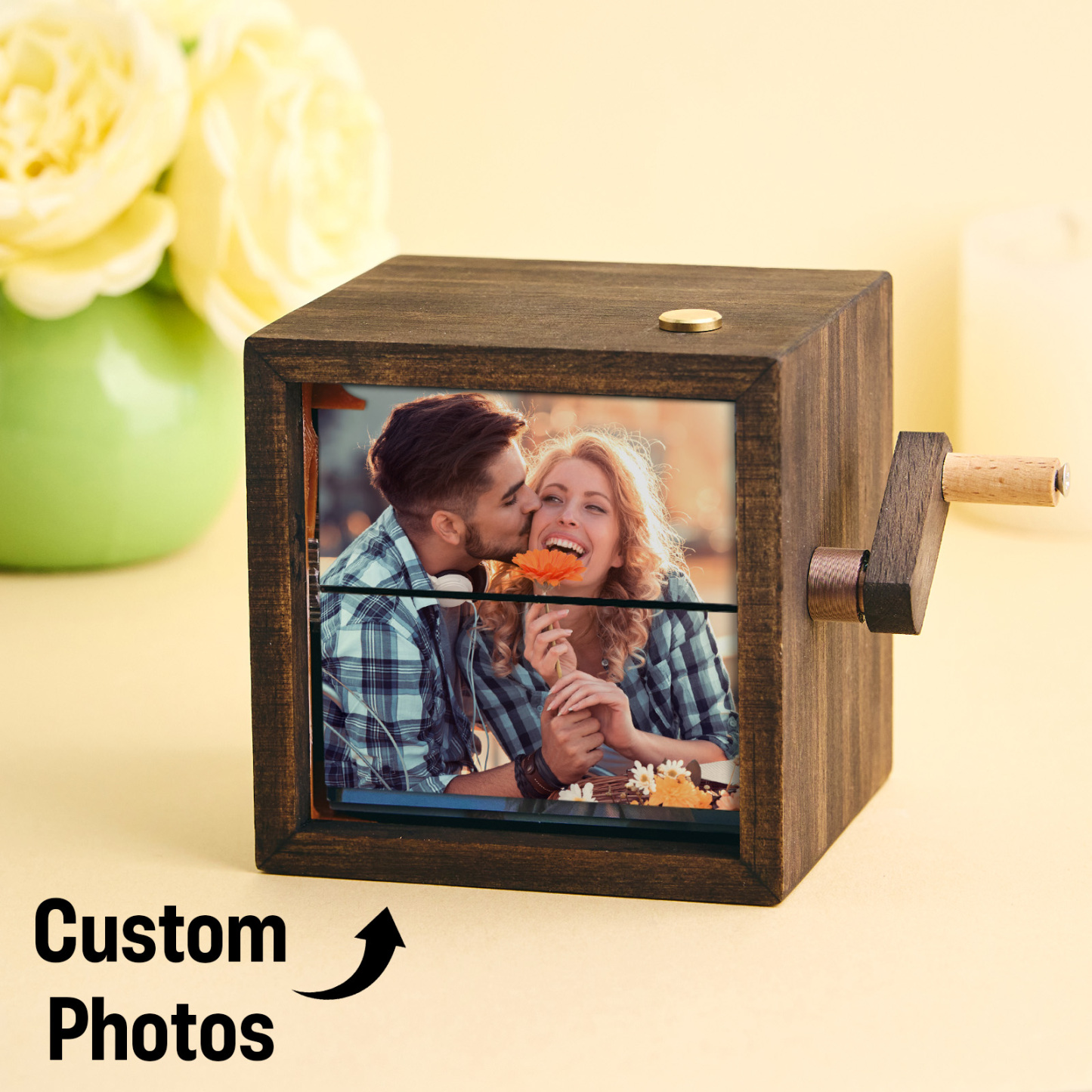 Custom Black Walnut Baby Photo Flipbook Box Personalize Hand-Cranked LED Light Frame Creative Present Idea