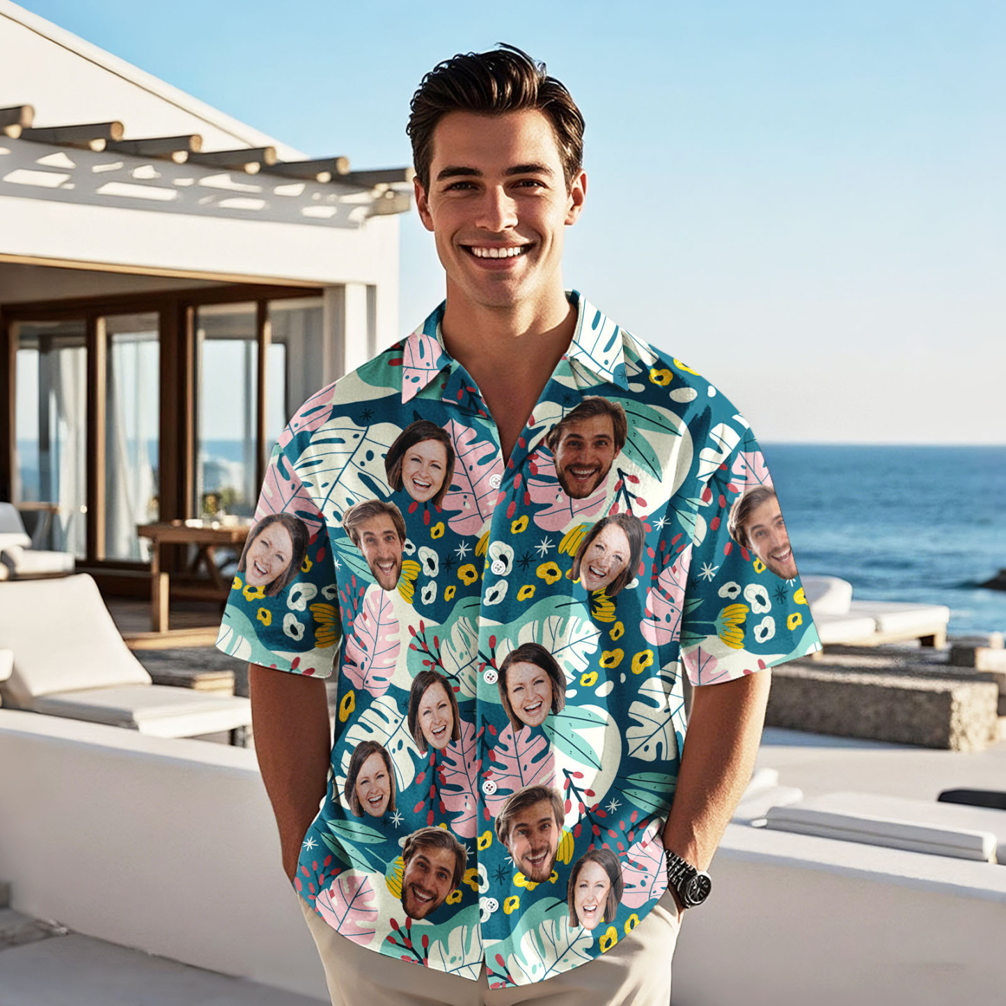 Custom Face Hawaiian Shirt Personalized All Over Print Vacation Tropical Pattern Hawaiian Shirt Gift For Him - auphotoblanket