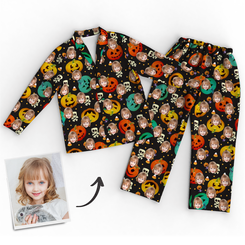 Custom Face Pumpkin Skeleton Pajamas Halloween For Children - auphotoblanket