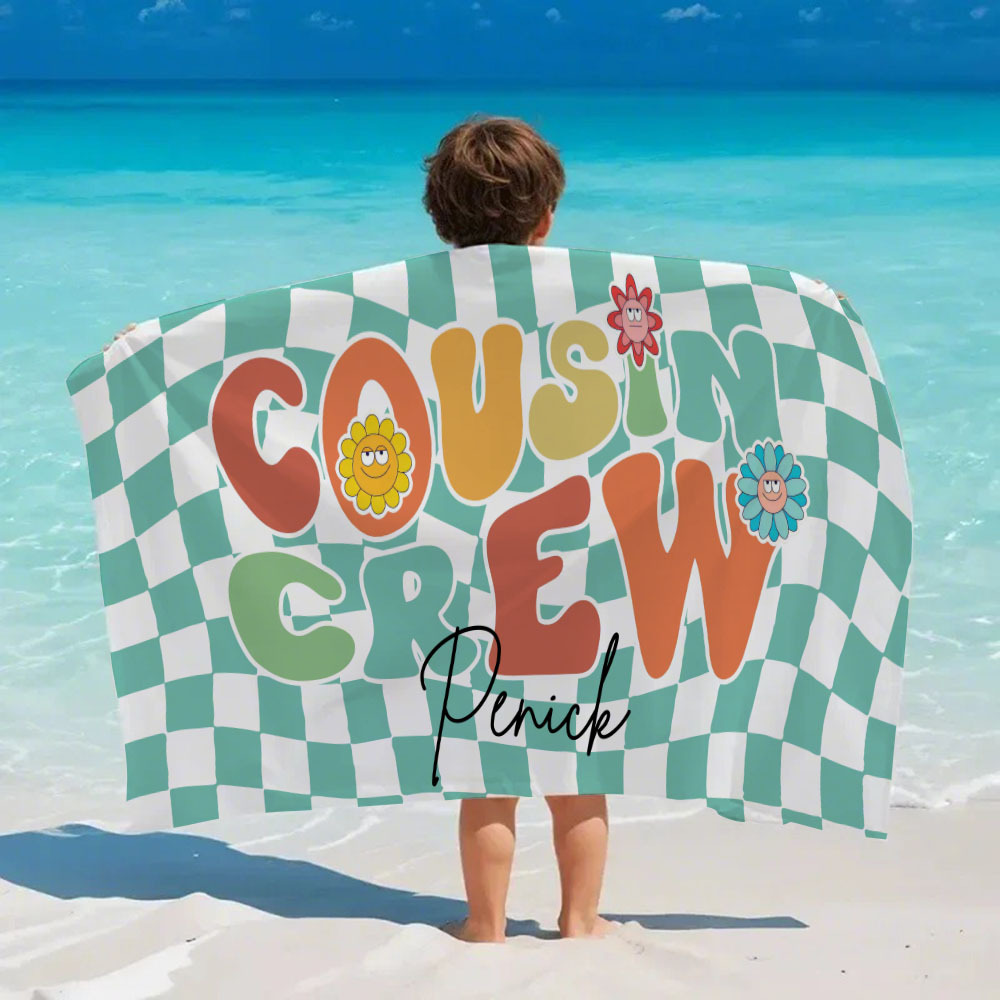 Personalised Cousin Crew Plaid Design Oversized Quick Dry Beach Towel with Name Birthday Summer Vacation Accessory Gift for Kids - auphotoblanket