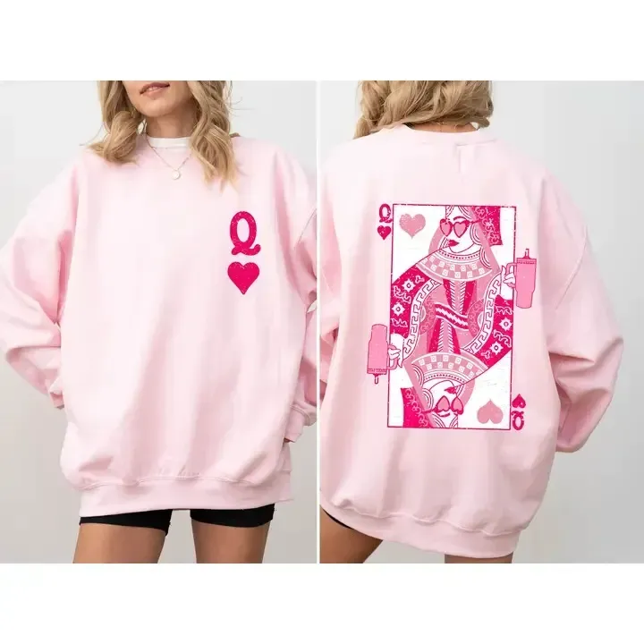 Queen of Hearts Sweatshirt Crew Neck Sweatshirt Women's Casual Long Sleeve Gift For Her - auphotoblanket