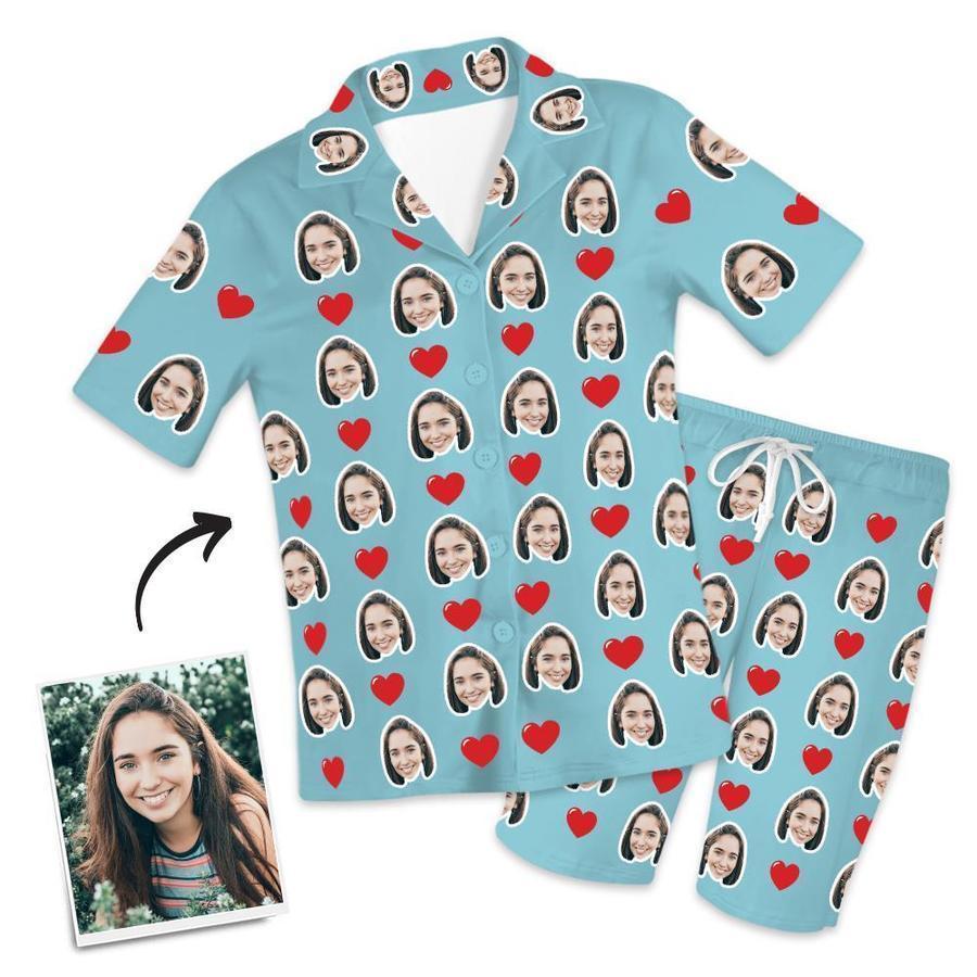 Custom Face Short Sleeved Pajamas With Hearts - Unique Pajamas Gifts For Mom - auphotoblanket