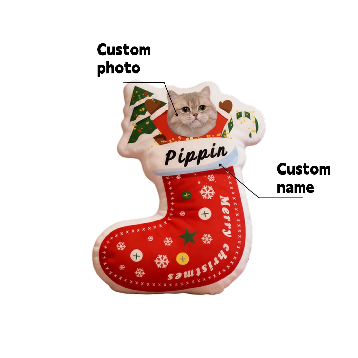 Custom Pet Christmas Stocking Pillow, Personalized Portrait & Name, Pet Face Cushion - auphotoblanket