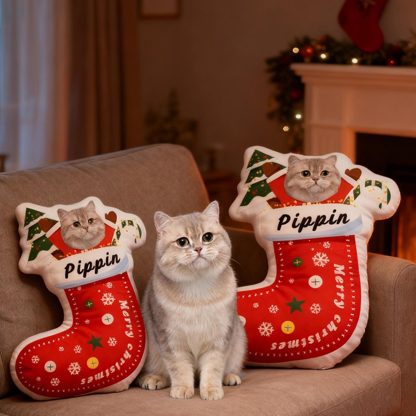 Custom Pet Christmas Stocking Pillow, Personalized Portrait & Name, Pet Face Cushion - auphotoblanket