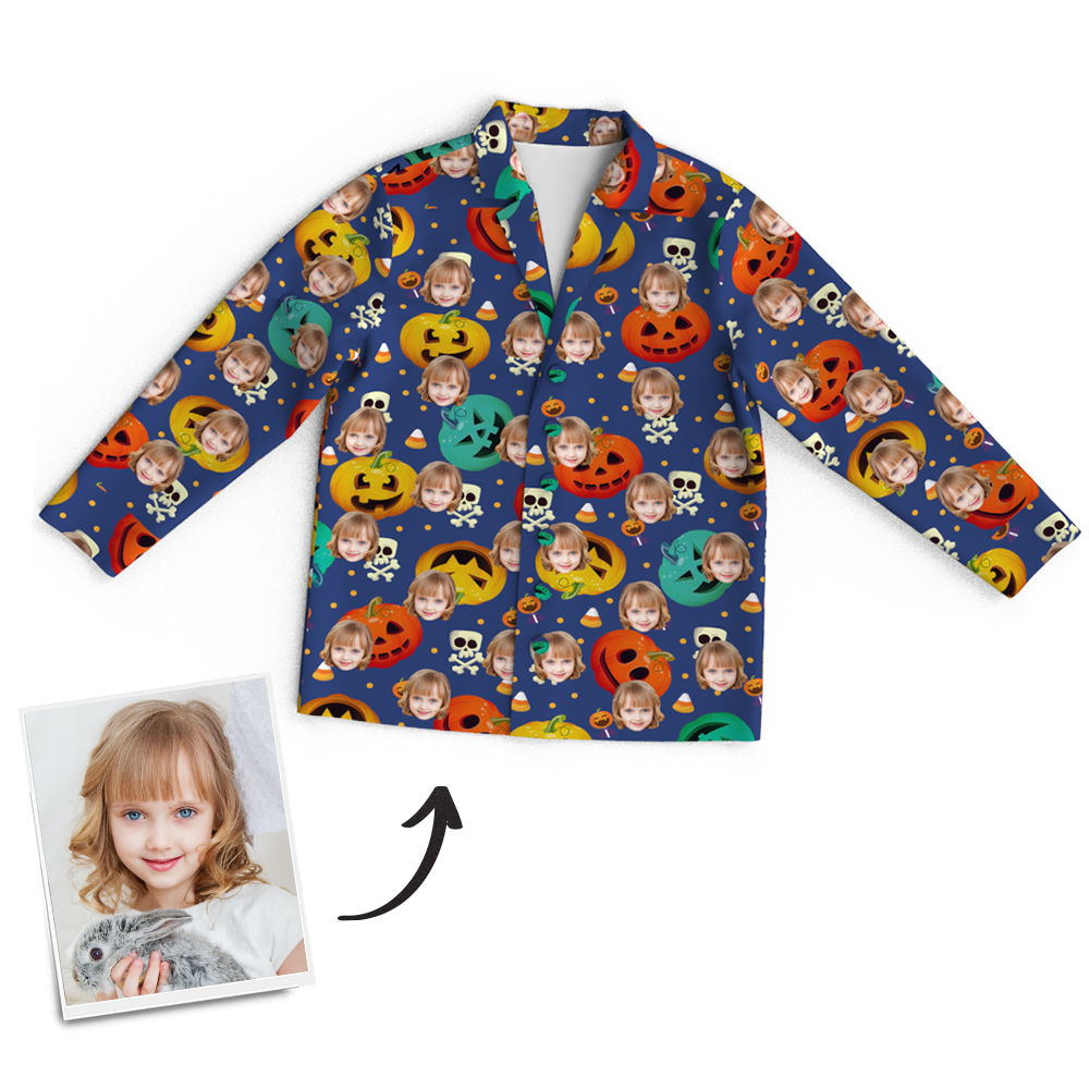 Custom Face Pumpkin Skeleton Pajamas Halloween For Children - auphotoblanket