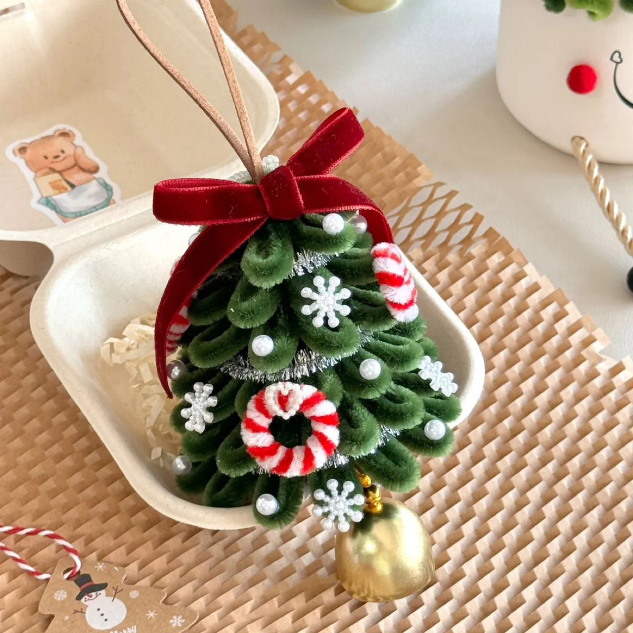 Pipe Cleaner Christmas Tree Decoration Handmade Chenille Ornament, Red Green Pastel Xmas Decor, Fuzzy Holiday Hanger