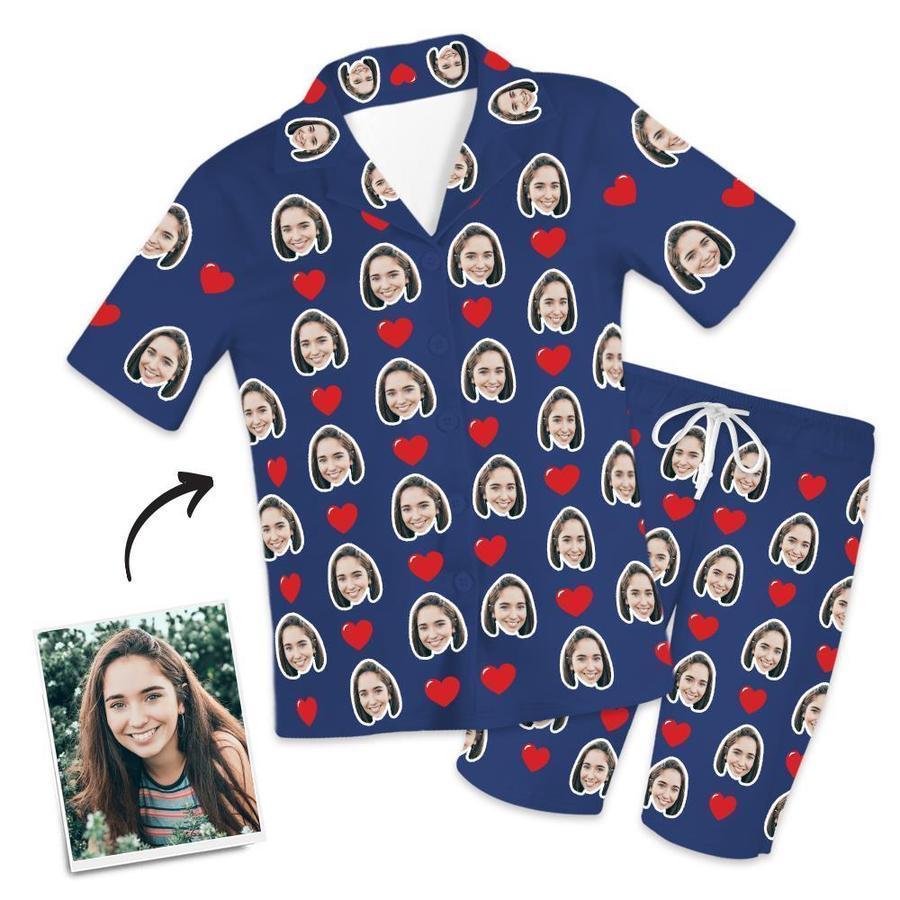 Custom Face Short Sleeved Pajamas With Hearts - Unique Pajamas Gifts For Mom - auphotoblanket