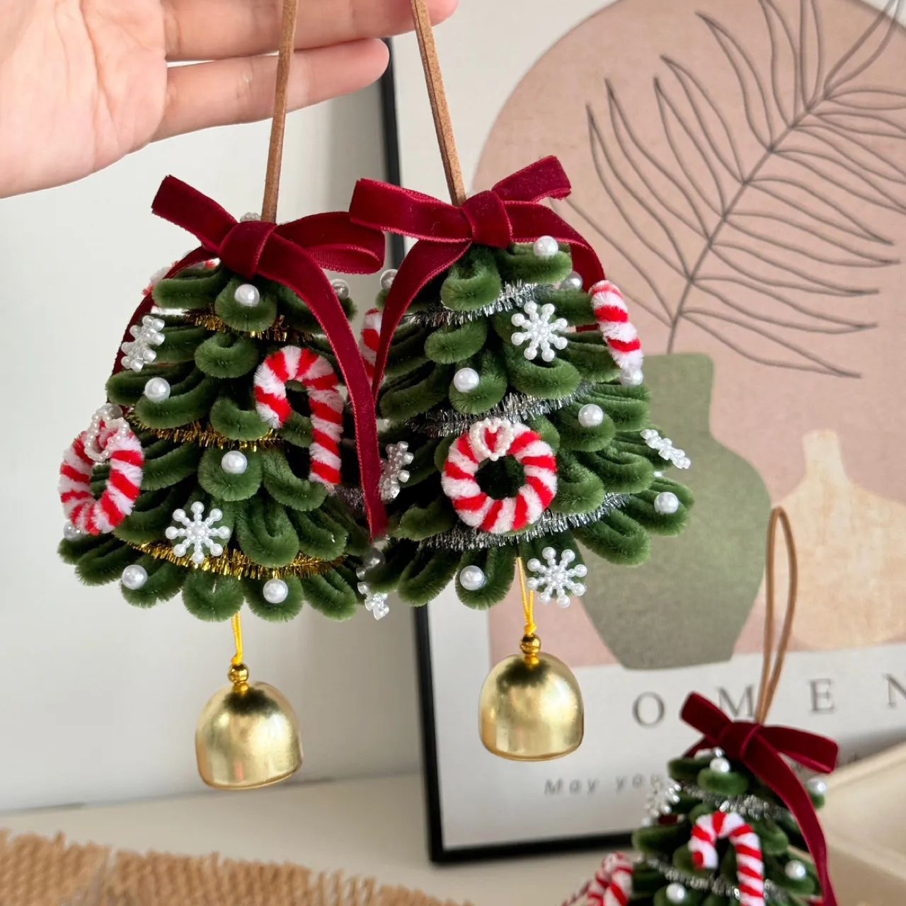 Pipe Cleaner Christmas Tree Decoration  Handmade Chenille Ornament, Red Green Pastel Xmas Decor, Fuzzy Holiday Hanger