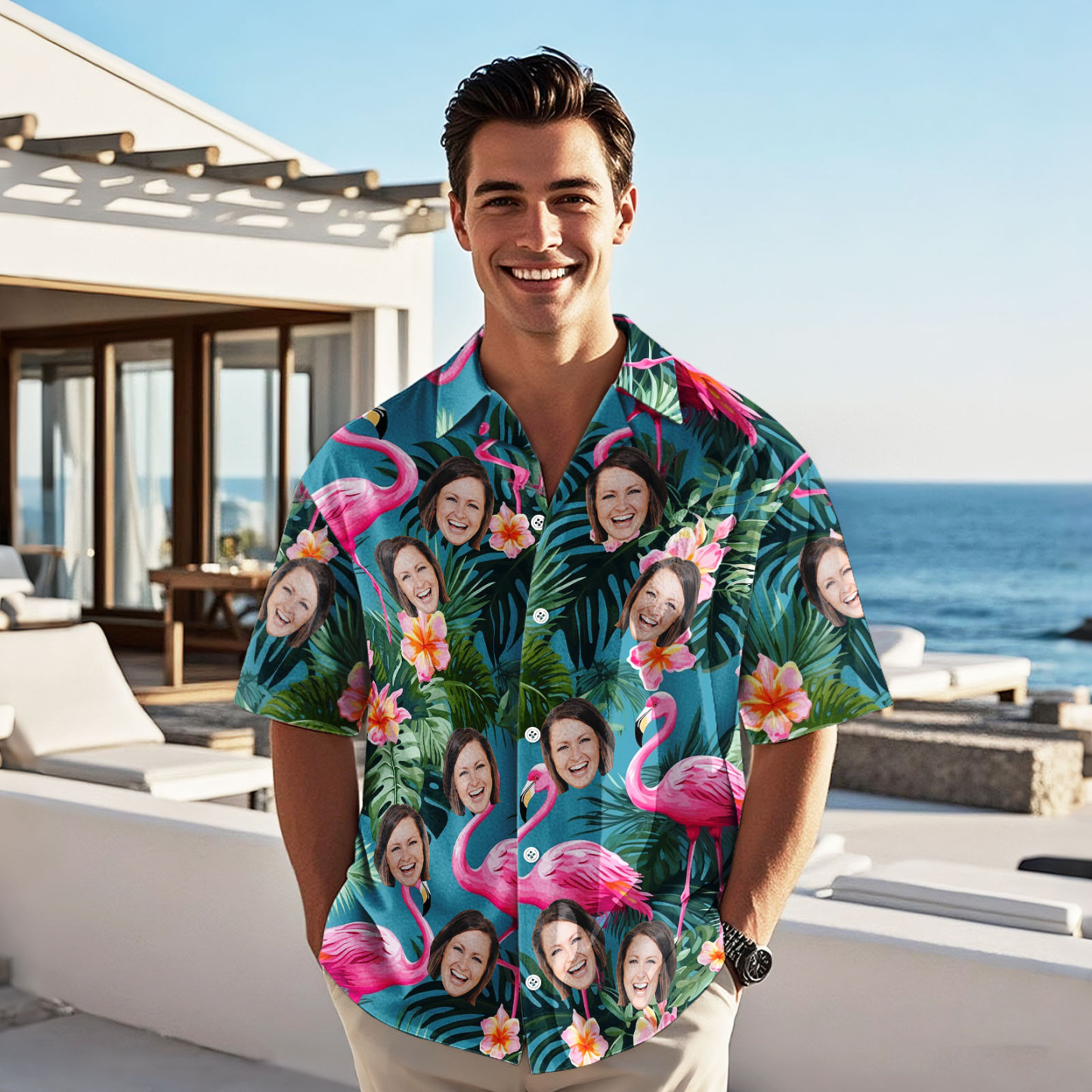 Custom Face Pink Flower Hawaiian Shirt Personalized Pink Flamingo Pattern Hawaiian Shirt Gift For Him - auphotoblanket