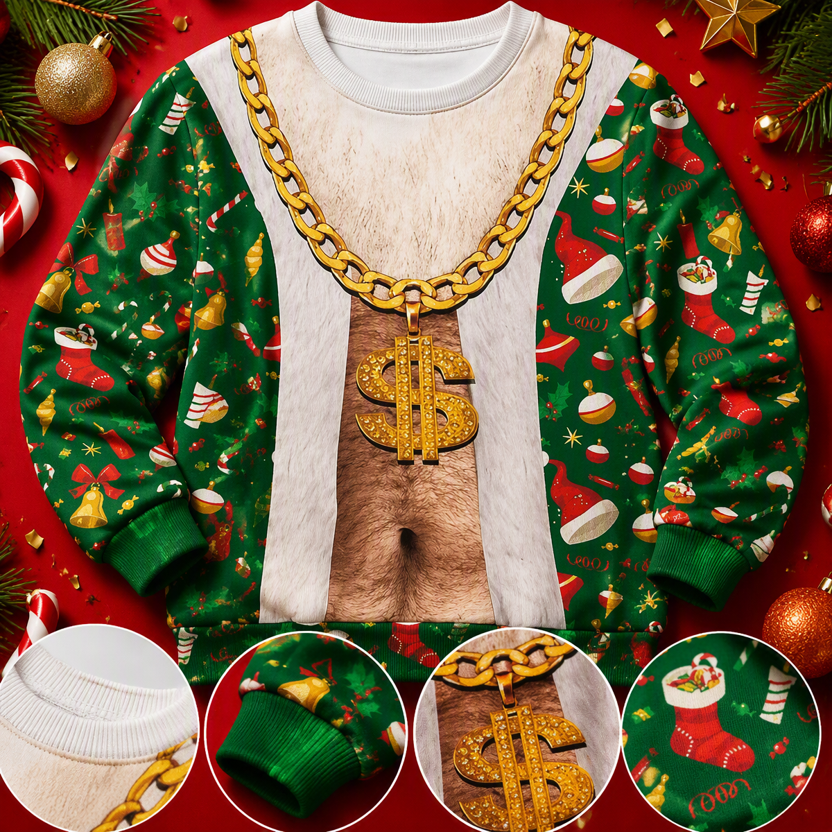 Funny Ripped Santa Muscle Abs Ugly Christmas Sweater – 3D Printed Christmas Lights & Reindeer Bowtie Sweatshirt, Novelty Holiday Party Outfit - auphotoblanket