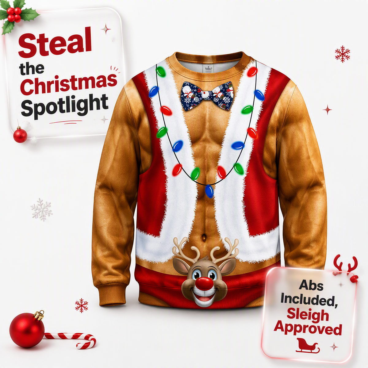 Funny Ripped Santa Muscle Abs Ugly Christmas Sweater – 3D Printed Christmas Lights & Reindeer Bowtie Sweatshirt, Novelty Holiday Party Outfit - auphotoblanket