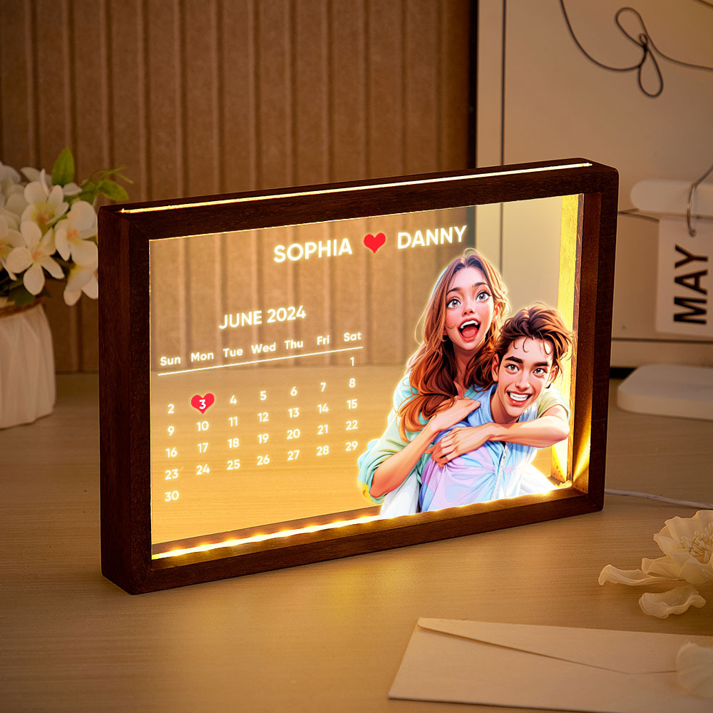 Custom Photo to Comic Night Light | Personalised Calendar & Engraved Message - Gift for Her On Anniversary - auphotoblanket