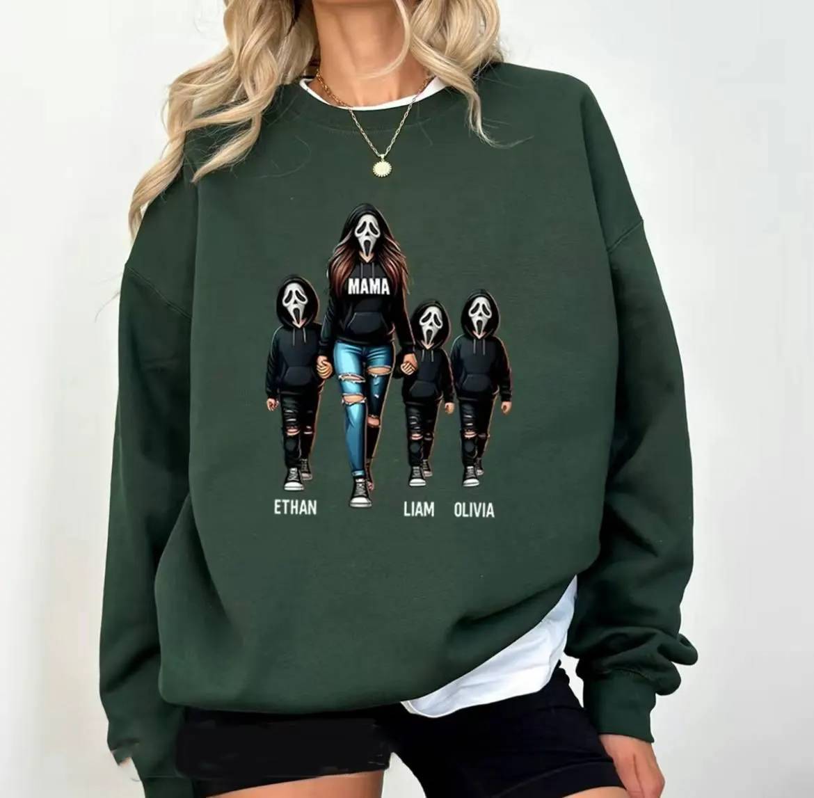 Halloween Horror Mama Custom Kids Name Sweatshirt, Custom Spooky Mama Hoodie, Family Spooky Season Sweaters, Killer Halloween Hooded - auphotoblanket