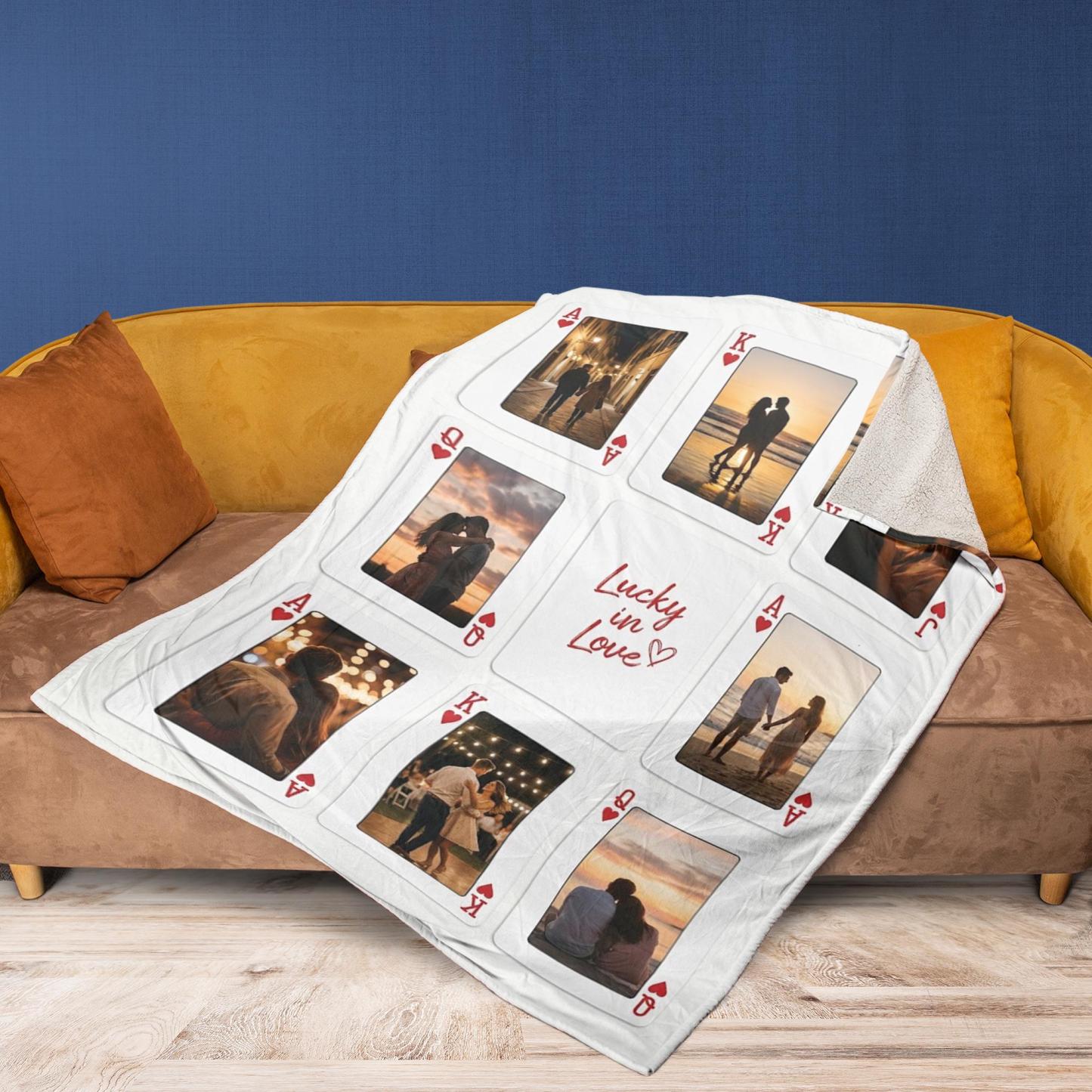 Personalized Playing Cards Fleece Blanket: Custom Photo Red Rose Valentine's Day Anniversary Gift - auphotoblanket