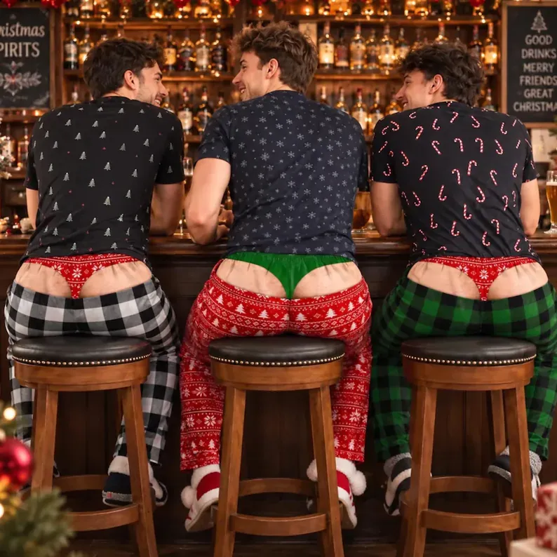 Funny 3D Printed Ugly Christmas Pajama Pants – Cheeky Cutout Butt Illusion Lounge Pants, Hilarious Holiday Gag Gift for Men, Couples & Secret Santa - auphotoblanket