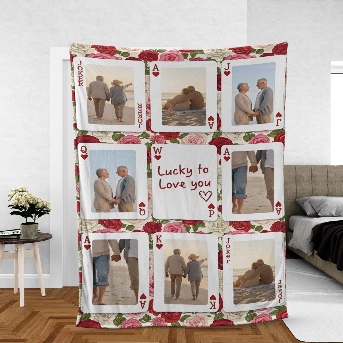 Personalized Playing Cards Fleece Blanket: Custom Photo Red Rose Valentine's Day Anniversary Gift - auphotoblanket