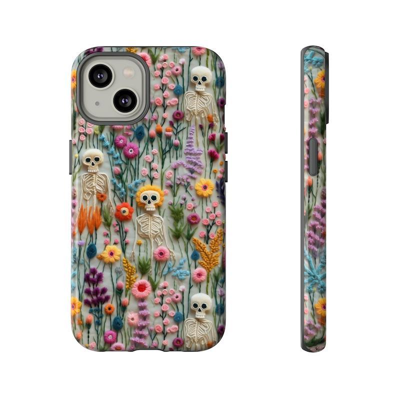 Spooks Come Out At Night Skeleton Phone Case, Embroidered Look Floral Charm Phone Cover, Gothic Cottagecore, iPhone - auphotoblanket