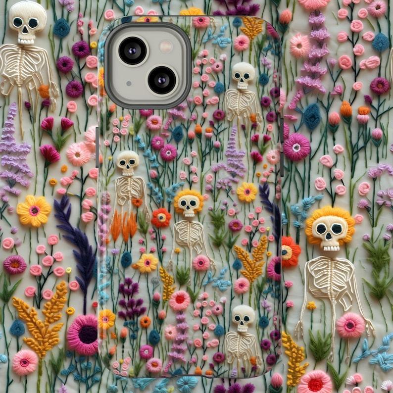 Spooks Come Out At Night Skeleton Phone Case, Embroidered Look Floral Charm Phone Cover, Gothic Cottagecore, iPhone - auphotoblanket