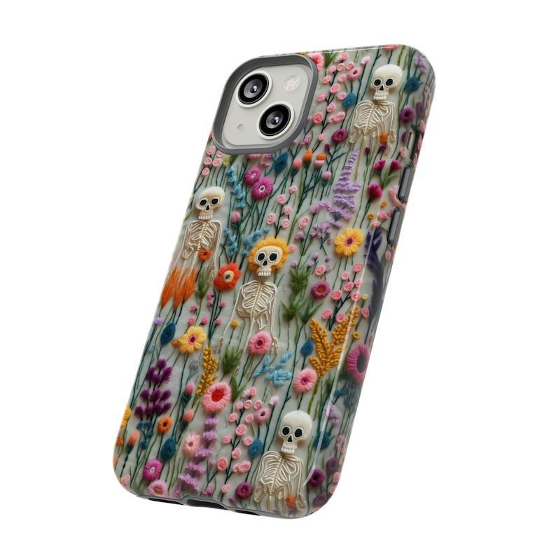 Spooks Come Out At Night Skeleton Phone Case, Embroidered Look Floral Charm Phone Cover, Gothic Cottagecore, iPhone - auphotoblanket