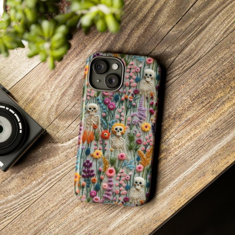 Spooks Come Out At Night Skeleton Phone Case, Embroidered Look Floral Charm Phone Cover, Gothic Cottagecore, iPhone - auphotoblanket