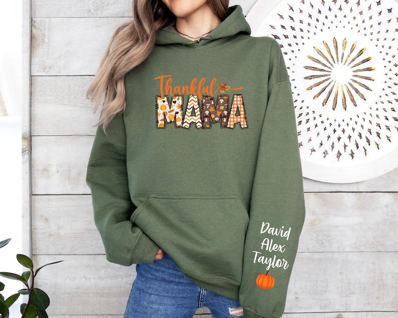 Custom Thankful Mama Sweatshirt with Kids Name on Sleeve Sweatshirt, Thanksgiving Mama Halloween Sweatshirt, Mama Halloween Gift,Custom Mama - auphotoblanket