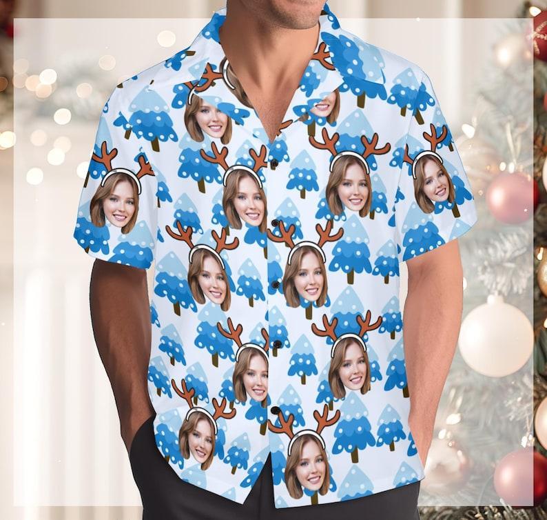 Custom Christmas Shirt with Face, Custom Face Shirt, Christmas Shirt Family, Xmas Shirt, Custom Picture Hawaiian Shirt for Bachelor Party Snowflake Hawaiian Shirt - auphotoblanket