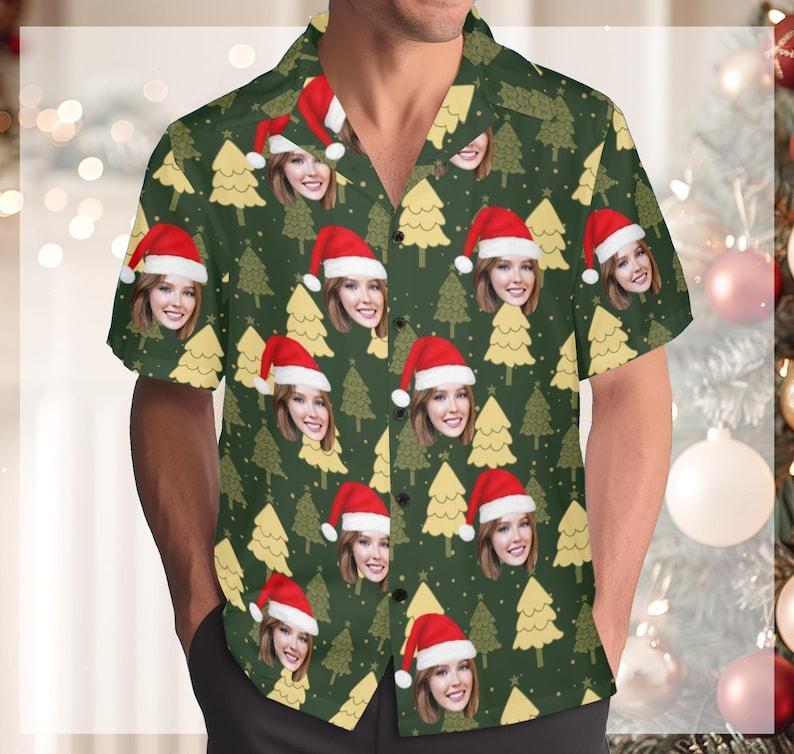 Custom Christmas Shirt with Face, Custom Face Shirt, Christmas Shirt Family, Xmas Shirt, Custom Picture Hawaiian Shirt for Bachelor Party Christmas tree Hawaiian shirt - auphotoblanket