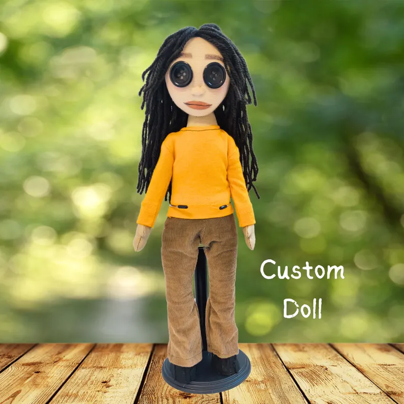 Custom Button-Eye Handmade Doll, Custom Spooky-Inspired Mini-Me Doll Gift for Halloween, Spooky Season Custom Creepy Cute Ragdoll for Her - auphotoblanket