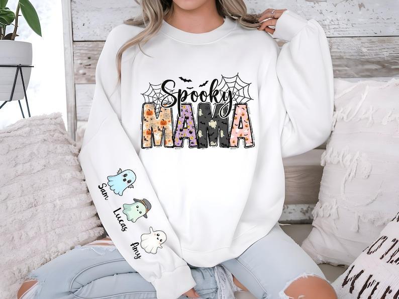 Custom Spooky Mama Shirt, Halloween Gift For Mom, Mommy T-Shirt With Kids Names, Halloween Kids Name Tees, Halloween Nana Sweatshirt - auphotoblanket