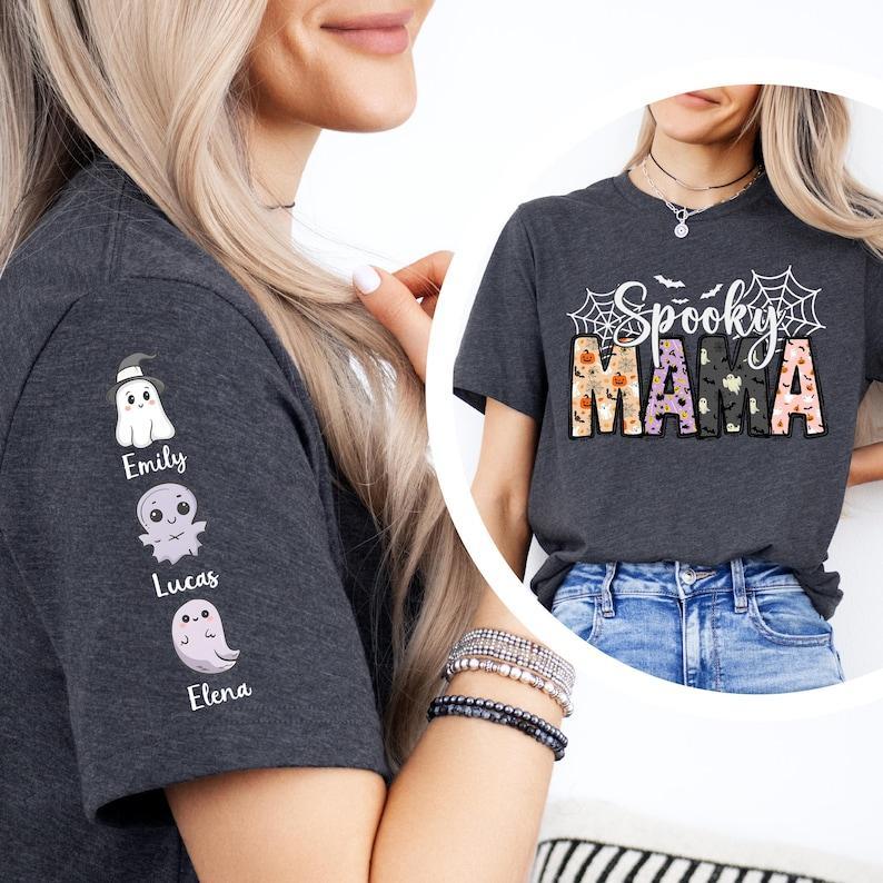 Custom Spooky Mama Shirt, Halloween Gift For Mom, Mommy T-Shirt With Kids Names, Halloween Kids Name Tees, Halloween Nana Sweatshirt - auphotoblanket