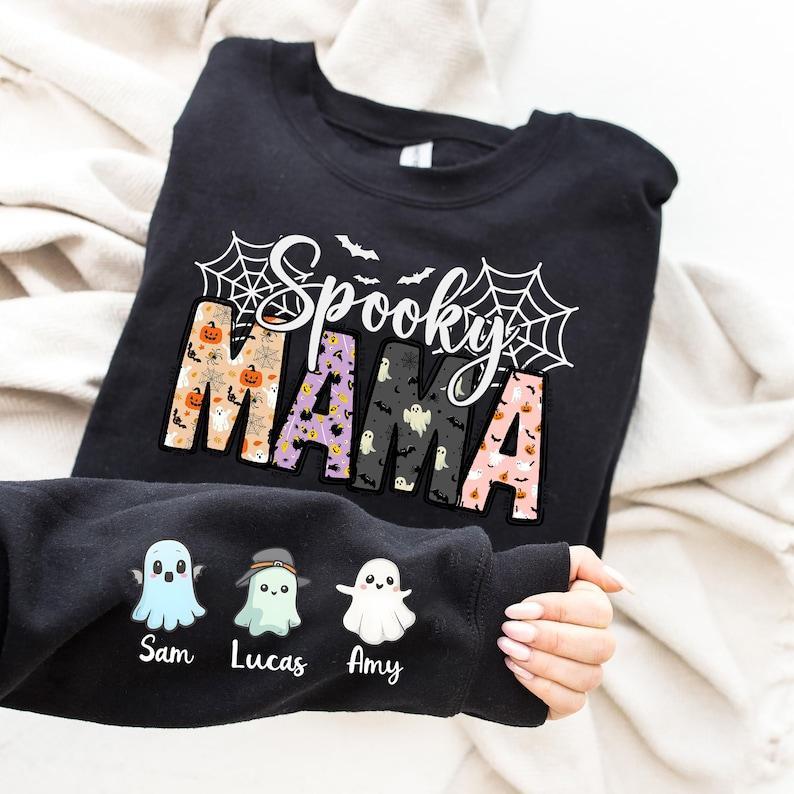 Custom Spooky Mama Shirt, Halloween Gift For Mom, Mommy T-Shirt With Kids Names, Halloween Kids Name Tees, Halloween Nana Sweatshirt - auphotoblanket
