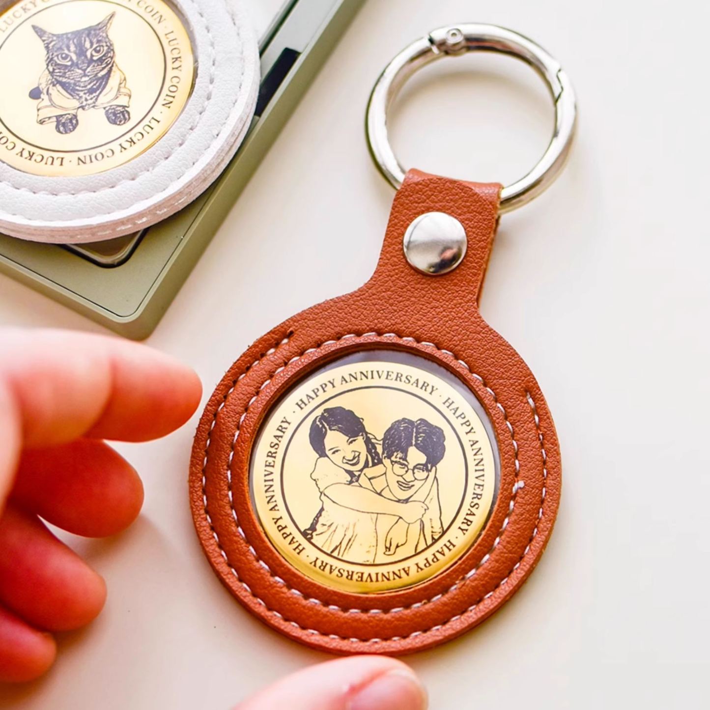Personalized Calendar Lucky Charm Gold Coin Keychain with Custom Photo & Date | Engraved Titanium Steel Coin in PU Leather Case | Anniversary, Birthday, Christmas Gift for Couples - auphotoblanket