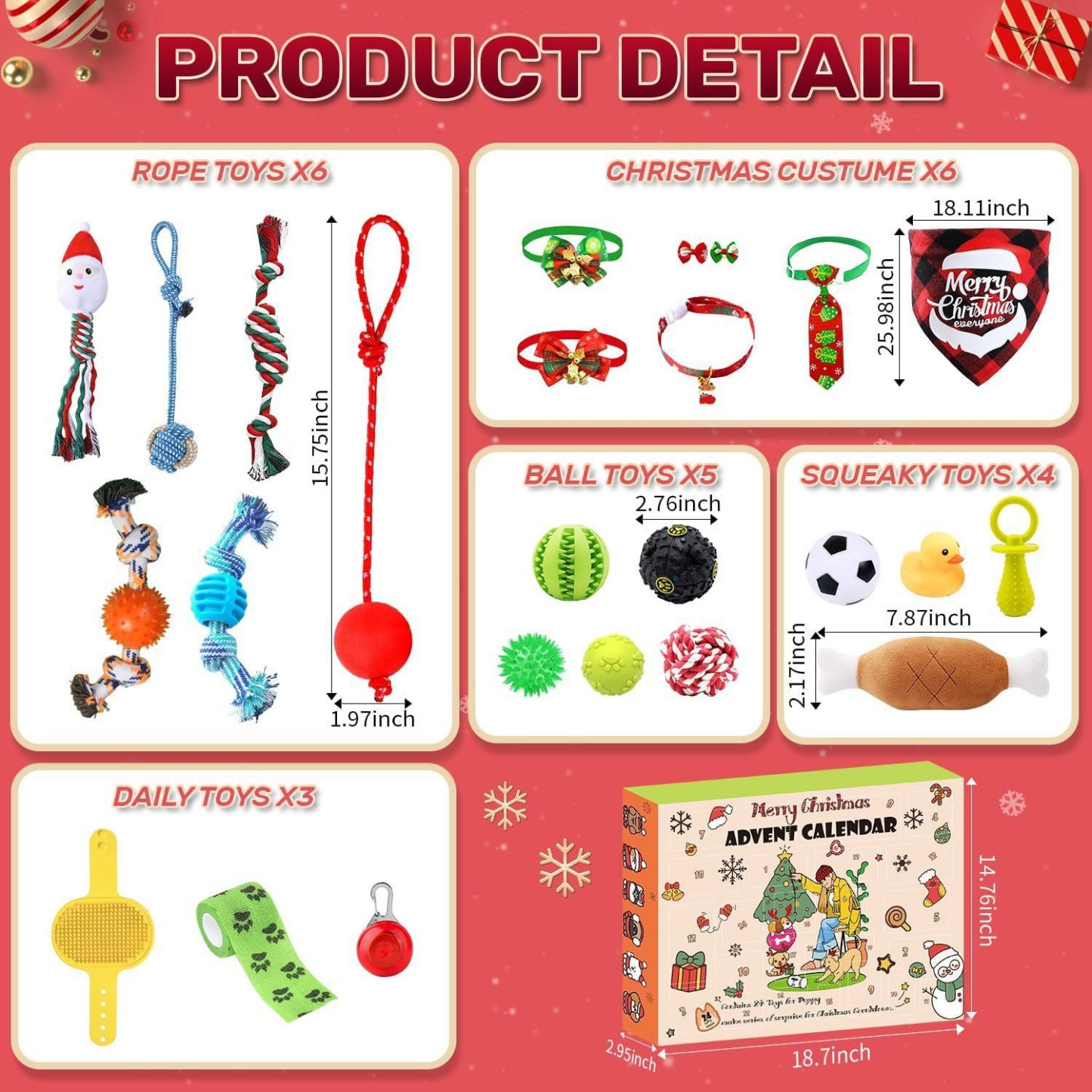 Dog Advent Calendar 24 Days Dog Toy Christmas Countdown Calendar with Chew Ropes Toys Squeaky Balls Teething Toys Christmas Toy Gift for Xmas Small Large Dog Puppy Pet - auphotoblanket