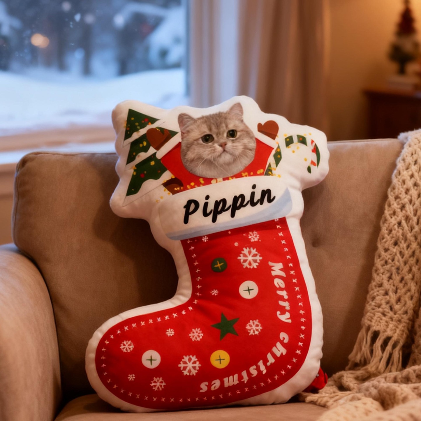 Custom Pet Christmas Stocking Pillow, Personalized Portrait & Name, Pet Face Cushion - auphotoblanket