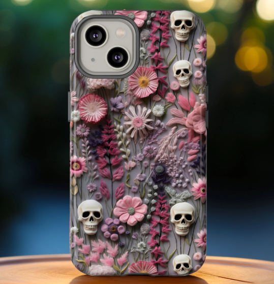 Embroidered Look Floral Skulls Phone Case | Faux Embroidery Dark Academia Skeleton Phone Cover For iPhone | Google Pixel | Samsung Galaxy