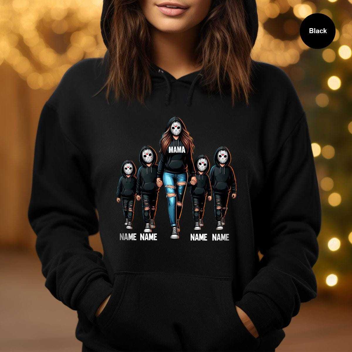 Halloween Horror Mama Custom Kids Name Sweatshirt, Custom Spooky Mama Hoodie, Family Spooky Season Sweaters, Killer Halloween Hooded - auphotoblanket