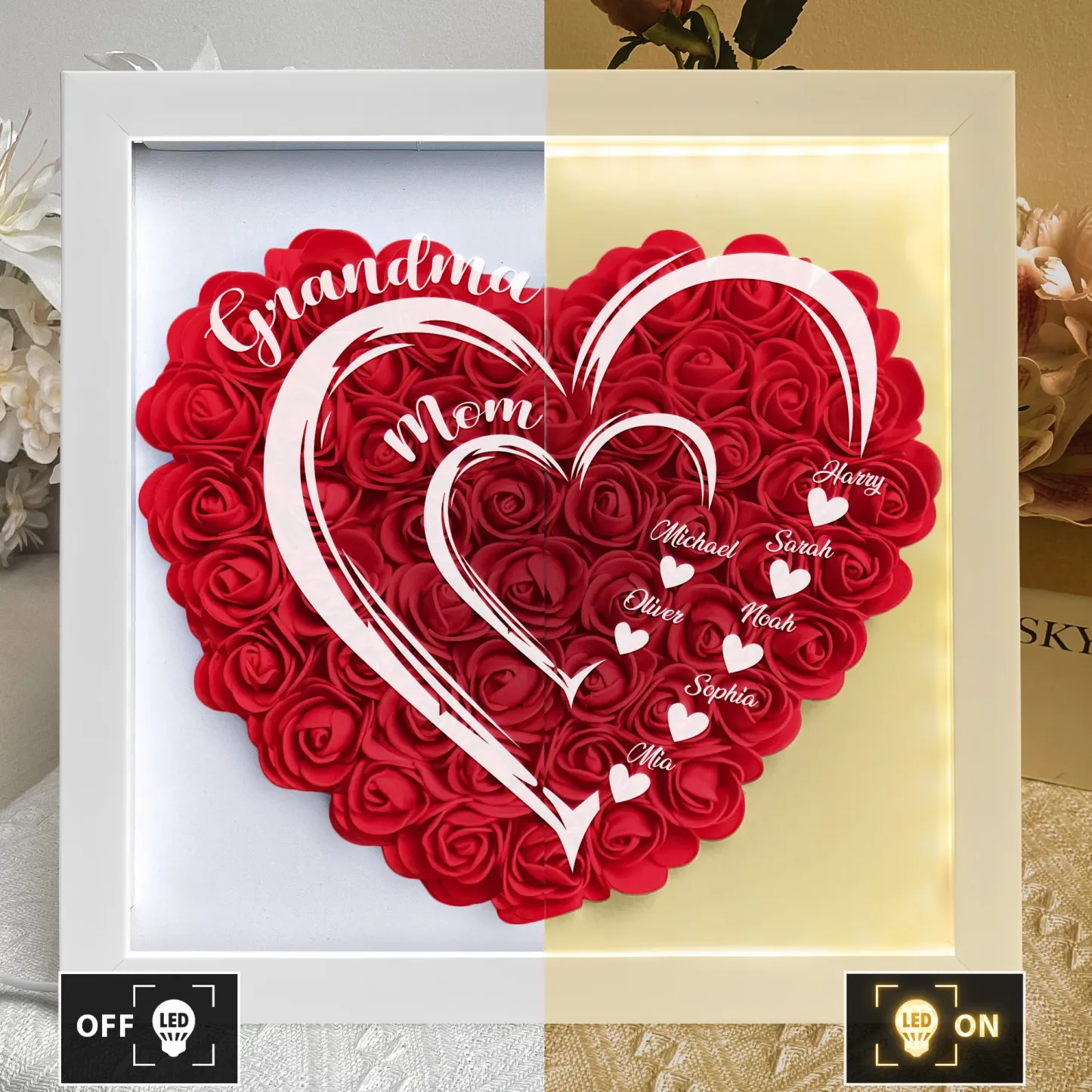 Mom Grandma Hearts Custom Kids' Names - Personalised Flower Shadow Box With LED Light - auphotoblanket