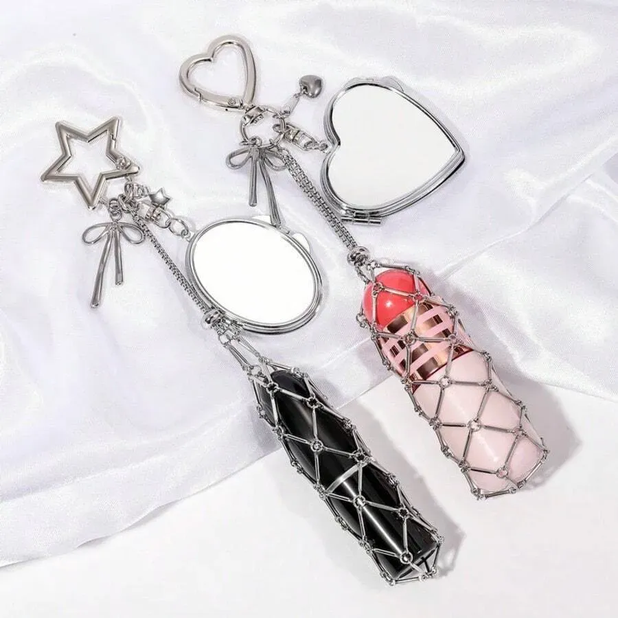 Metal Lipstick Holder Bag Charm Heart & Star Decor Lipstick Case Keychain With Mini Mirror Bag Pendant For Handbags - auphotoblanket