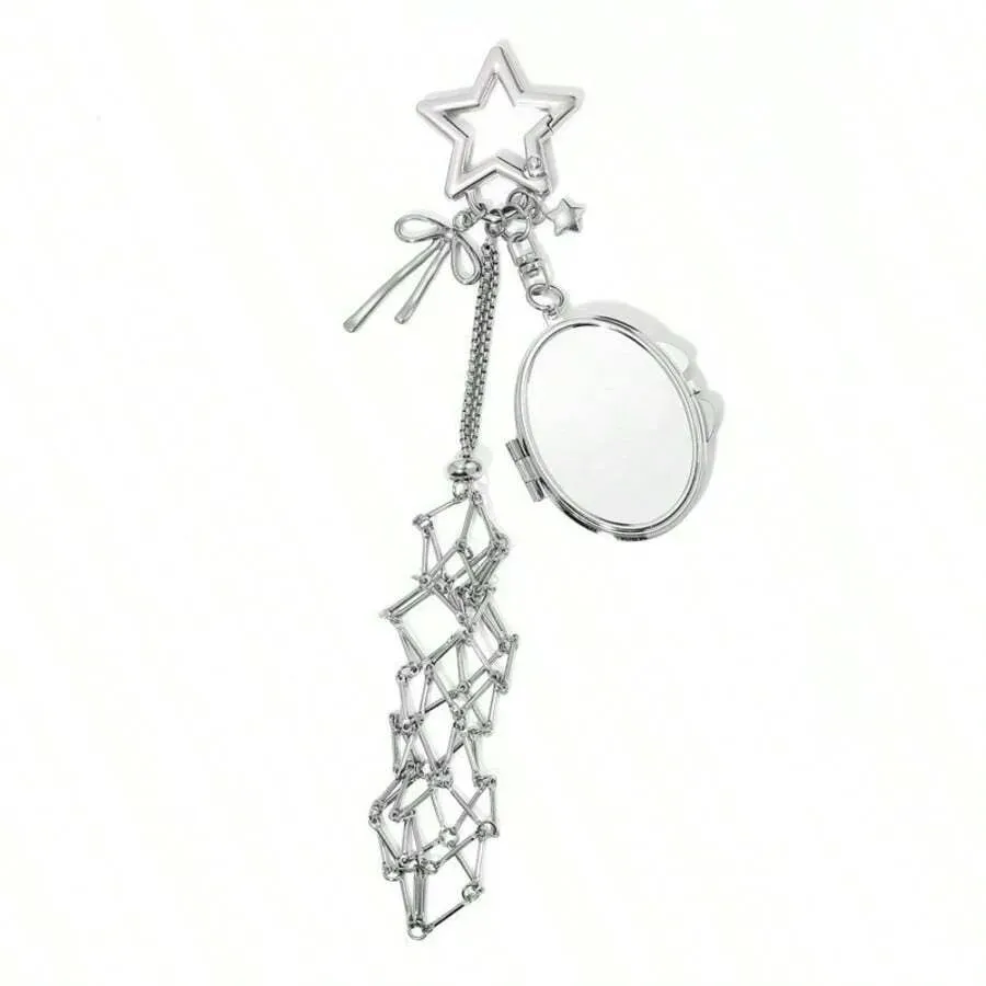 Metal Lipstick Holder Bag Charm Heart & Star Decor Lipstick Case Keychain With Mini Mirror Bag Pendant For Handbags - auphotoblanket