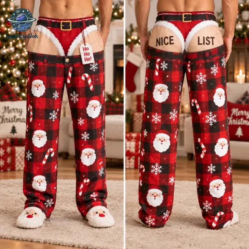 Funny 3D Printed Ugly Christmas Pajama Pants – Cheeky Cutout Butt Illusion Lounge Pants, Hilarious Holiday Gag Gift for Men, Couples & Secret Santa - auphotoblanket