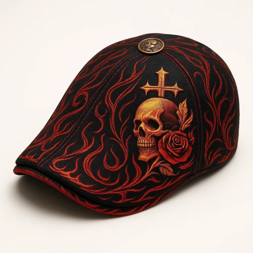 Gothic Skull Flat Cap – Embroidered Rose & Cross Newsboy Hat, Retro Unisex Cap for Men & Women - auphotoblanket