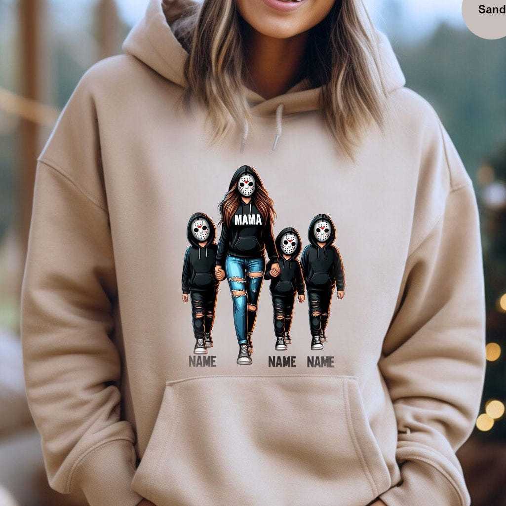 Halloween Horror Mama Custom Kids Name Sweatshirt, Custom Spooky Mama Hoodie, Family Spooky Season Sweaters, Killer Halloween Hooded - auphotoblanket