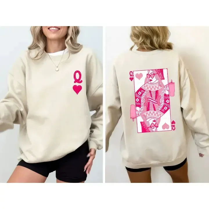 Queen of Hearts Sweatshirt Crew Neck Sweatshirt Women's Casual Long Sleeve Gift For Her - auphotoblanket