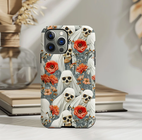 Floral Skull Phone Case, Halloween Cottagecore, iPhone, Pixel, Samsung